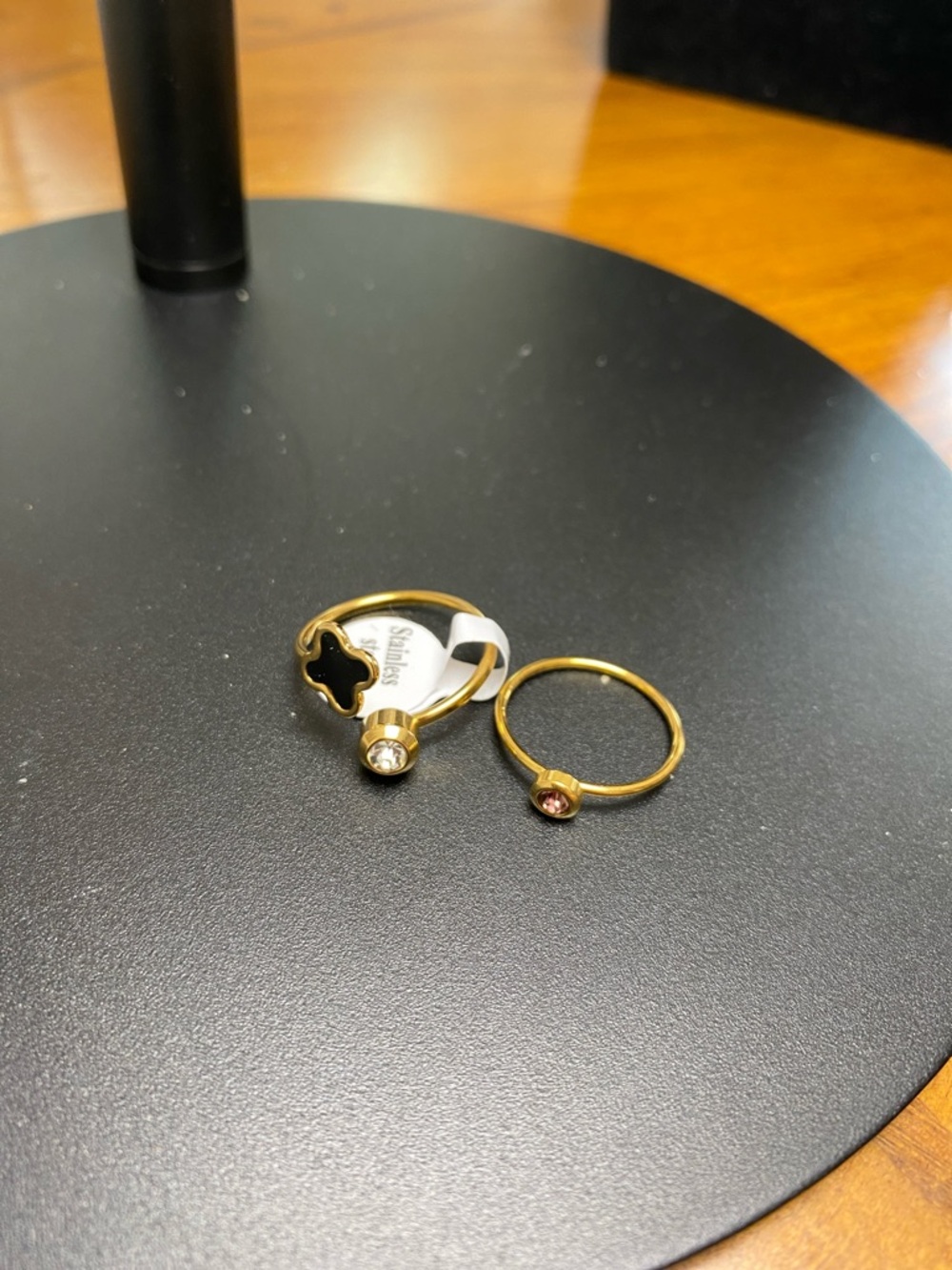 Gold-Tone Stackable Rings with Black Enamel Clover and Pink & Clear Stones
